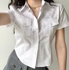 Sylvia Button Up Blouse ~ HANDMADE – Pellucid Short Sleeve White Shirt, Winter Activewear, Lapel Pins Mens, Button Up Blouse, Athletic Apparel, Costume Outfits, Summer Top, Face Products Skincare