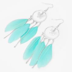 Feel the breeze flow from these beautiful feather earrings. These drop earrings feature three mint feathers that dangle from a silver-tone butterfly. Finish: Silver-tone Drop: 5" Closure: Fish hook Materials: Feathers, Metal - Claire's Turquoise Feather 5" Butterfly Drop Earrings Elegant Blue Feather Earrings, Turquoise Nature-inspired Drop Earrings, Claires Earrings, Turquoise Dangle Earrings With Ocean-inspired Style, Blue Feather Dangle Earrings, Nature-inspired Turquoise Dangle Earrings, Earrings Feather, Quirky Earrings, Stylish Earrings