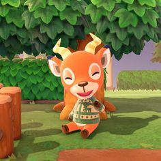 the animal crossing character is sitting on the ground in front of a tree and grass area