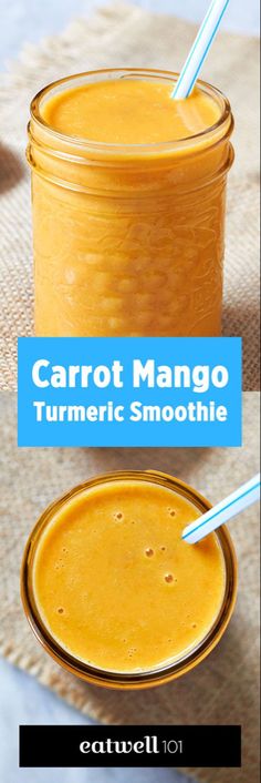 carrot mango turment smoothie in a mason jar