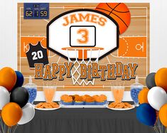 an image of a birthday party with balloons and basketballs on the table in front of it