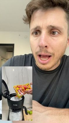 a man holding a hot dog in front of his face and an open coffee pot with ketchup on it