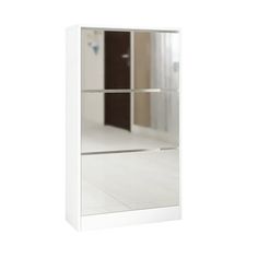 a white cabinet with two doors on the front and one door open to reveal a bathroom