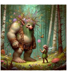 Spring Woods Troll encountering an elf in the forest digital illustration.  This nature troll printable is a  JPG file which prints to 12x12 inches at full resolution, hi-resolution printable 300dpi, instant download.  This image can also be printed smaller for cards, crafts and stickers. For best results, print on photo paper, sticker paper, transfer or sublimation paper.  This listing is for a digital product and is not for a physical product. Download begins as soon as purchase is confirmed. Spring Woods, Troll Fantasy Art, David The Gnome, Elf Girl, Illustration Nature, Paper Sticker, Fantasy Art Dolls, Childrens Books Illustrations, Forest Creatures