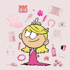 a cartoon girl surrounded by various items including hair clips, bracelets and other accessories