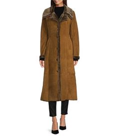 Katherine Kelly Genuine Shearling Notch Collar Coat | Dillard's Classic Long Shearling Coat, Classic Long Sleeve Fur Coat With Padded Collar, Elegant Long Shearling Coat, Shearling Outerwear With Faux Fur Lining, Long Coat, Katherine Kelly, Mink-colored Shearling Fur Coat With Faux Fur Lining, Collar Coat, Notch Collar, Collared Coat