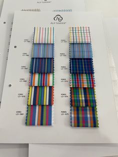 several different colored swatches are on top of a white sheet with information about them