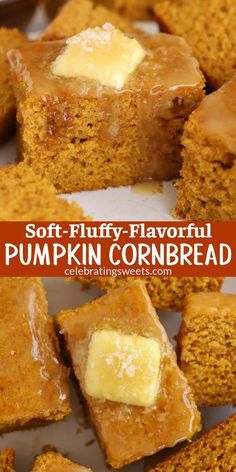 pumpkin cornbread squares with frosting and butter on top, sitting on a plate