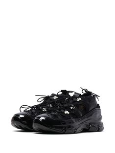 Simone Rocha Tracker cut-out Sneakers - Farfetch Black Leather Sneakers With Lace-up Fastening, Black Patent Leather Low-top Lace-up Shoes, Patent Leather Lace-up Sneakers With Rubber Sole, Lace-up Patent Leather Sneakers With Rubber Sole, Black Low-top Lace-up Shoes With Vibram Sole, Black Streetwear Sneakers With Lace-up Fastening, Lace-up Patent Leather Sneakers With Translucent Outsole, Lace-up Patent Leather Sneakers For Streetwear, Black Leather Chunky Sneakers With Studded Outsoles