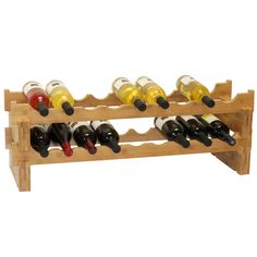 a wooden wine rack filled with lots of bottles