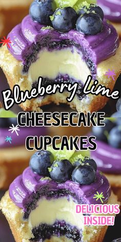 blueberry lime cheesecake cupcakes are stacked on top of each other