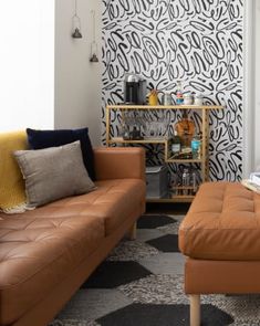 a living room with two couches and a coffee table in front of the wall