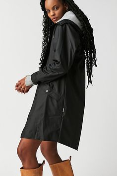 A cool take on a forever classic, this timeless rain jacket is featured in a staple, longline silhouette with button-front closure and hood detail for added fun and functionality. **Fit:** Classic, relaxed fit **Features:** Hood detail, button-front closure, side pockets, water-resistant fabrication **Why We | Rains Long Jacket at Free People in Black, Size: L Black Spring Raincoat With Adjustable Hood, Spring Black Raincoat With Adjustable Hood, Hooded Raincoat With Button Closure For Fall, Fall Raincoat With Button Closure For Rainy Weather, Fall Raincoat For Rainy Weather, Rains Long Jacket, Long Jacket, Black Fits, Boho Clothing