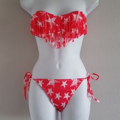 Fringe Bikini Swimsuit With Stars Design Size Small *No Neck Strap But You Can Add Your Own. Thanks For Looking Stars Design, Neck Strap, Star Designs, Design Color, Womens Swim, Pink White, Color Design, Swimming, Stars