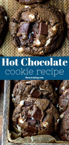 chocolate cookies in a box with the words hot chocolate cookie recipe on top and bottom