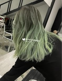 Grey Green Hair Color, Light Green Hair Highlights, Mint Green Highlights In Brown Hair, Sage Green Hair Dye, Sage Hair Color, Green Strands Hair, Light Green Hair Dye, Matcha Haircolor, Ashy Green Hair