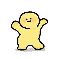 a yellow teddy bear with its arms in the air and one hand out to the side