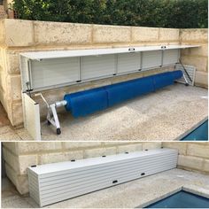 two pictures of a bench with blue mat on it and another photo of an empty bench in the background