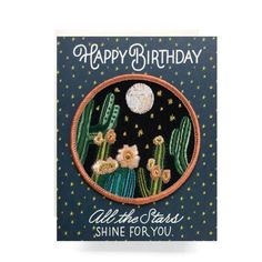 a birthday card with cactus and moon in the sky, says happy birthday all the stars shine for you