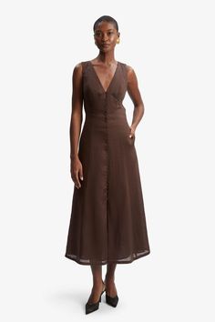 CORDELIA LINEN MIDI DRESS in colour CHOCOLATE Linen Wedding Guest Dress, Brown Midi Dress, Linen Wedding, Spring Wedding Guest, Linen Midi Dress, Wedding Linens, Ootd Inspo, Dress Linen, Brown Dress