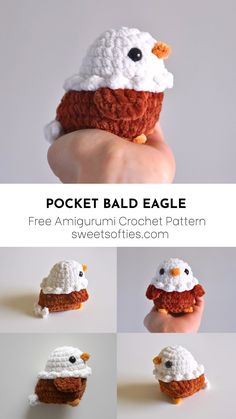 Pocket Bald Eagle · Free No-Sew Amigurumi Crochet Pattern - Sweet Softies Eagle Amigurumi Free Pattern, Crochet Bald Eagle, Amigurumi Free Pattern Bulky Yarn, Crocheted Amigurumi Free Patterns, Crochet Eagle Pattern Free, Bald Eagle Crochet Pattern, Amigurumi No Sew Free Pattern, Crochet Pocket Animals, Crochet Patterns Amigurumi Free