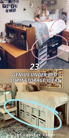 there are two pictures that show how to organize a bedroom with storage drawers and bed