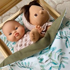 a baby doll in a crib with a stuffed animal