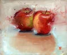 an oil painting of two apples on a table