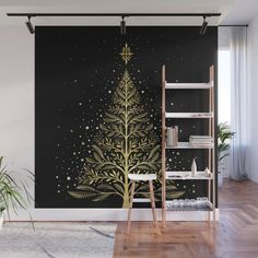 a black and gold christmas tree wall mural