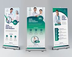 two roll up banners with doctors on them, one in green and the other in white