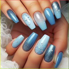 Nail 2025, Frozen Nail Designs, Elsa Nails, White Winter Nails, Foil Nail Designs, Frozen Nails, Festive Holiday Nails, Blue Gel Nails, Fancy Nail Art