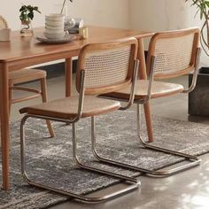 a dining table with four chairs and a potted plant on top of the table