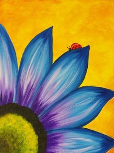 a painting of a blue flower with a ladybug on the center and yellow background