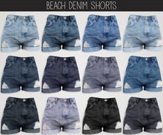 six pairs of denim shorts with holes in the front and back, all different colors