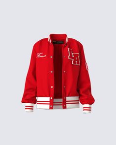 You’re the one in charge 😏 Have them all following your every move in this red varsity jacket made from high quality wool suiting fabric and complete with fun patches and an oversized fit ❤️ Trendy Red Outerwear For College, Red Collegiate Varsity Jacket For Winter, Red Collegiate Varsity Jacket For Fall, Trendy Red Varsity Jacket For Streetwear, University Red Varsity Jacket For Fall Streetwear, University Red Varsity Jacket For College In Winter, Varsity Red Track Jacket For Streetwear, Trendy Red Varsity Jacket For College, Red Outerwear With Ribbed Cuffs And Baseball Collar