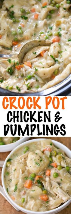 chicken and dumpling soup in a white bowl with the title overlay reading crock pot chicken and dumplings