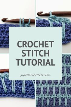 the crochet stitch pattern is shown in three different pictures, with text overlaying