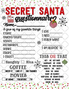 the secret santa question sheet is shown in red, green and white with snowflakes