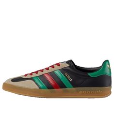 Adidas x Gucci Gazelle 'Black Green Red' 726487-AAA43-9549 Gucci Sneakers With Rubber Sole For Sports, Gucci Sports Sneakers With Rubber Sole, Sporty Black Gucci Sneakers, Gucci Black Sneakers With Contrast Sole, Gucci Black Sporty Sneakers, Gucci Leather Sneakers With Red Sole, Red Sporty Gucci Sneakers, Gucci Red Sporty Sneakers, Gucci Sporty Sneakers With Red Sole