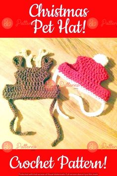 two crocheted hats with the words christmas pet hat