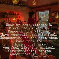 a woman standing in a kitchen next to a window with the words, soak up some vitamin d block the kitchen give yourself space to