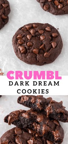 chocolate crumbl cookies are stacked on top of each other with the words, dark and dream cookies