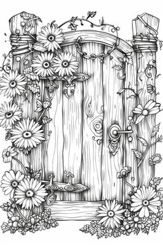 a drawing of an old wooden door with flowers and vines around it, in black and white