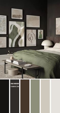 a bedroom with black walls, green bedding and pictures on the wall above it