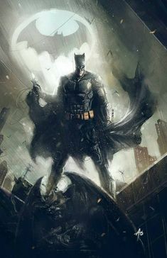 a batman standing on top of a bat in the rain