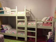 bunk beds with pink and green bedding in a child's bedroom