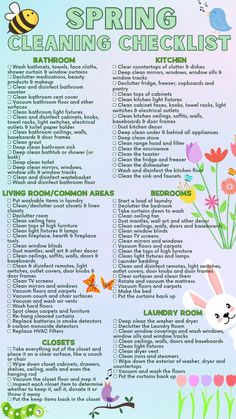 the spring cleaning checklist is shown with flowers and bugs on it's back