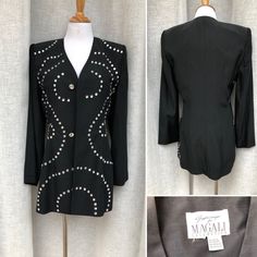 This is a beautiful vintage black single-breasted jacket / blazer by Gazzelle Ciampi for MAGALI Collection with rhinestone design appliqué and crystal looking buttons, in a great vintage condition, padded shoulders. size tag cut off, fits size 8-10 Measurements ( flat): Shoulder to shoulder: 15.5'' Armpit to armpit: 19.5'' Sleeve Length: 23.5'' waist: 16.5'' Shoulder to Hem: 30.5'' Elegant Long-sleeved Blazer With Rhinestones, Formal Long Sleeve Blazer With Rhinestones, Long Sleeve Blazer With Rhinestones For Work, Elegant Black Blazer With Rhinestones, Formal Rhinestone Outerwear With Long Sleeves, Formal Rhinestoned Long Sleeve Outerwear, Formal Fitted Blazer With Rhinestones, Formal Long Sleeve Outerwear With Rhinestones, Fitted Rhinestone Blazer For Formal Occasions