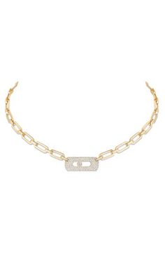 Modern style meets classic sophistication in this 18-karat-gold chain-link necklace anchored by a pavé-encrusted paperclip pendant with a gleaming center diamond. 18" length Total diamond weight: 0.79ct. Color: G Clarity: VS1 18k gold/diamond Made in France >Diamond Guide Luxury Diamond Paperclip Chain Necklace, Paperclip Pendant, Gold Chain Link Necklace, Anchor Necklace, Diamond Guide, Diamond Pendant Necklace, Chain Link Necklace, Link Necklace, Paper Clip