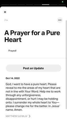 a prayer for a pure heart on the app store's home page, with text overlaying it